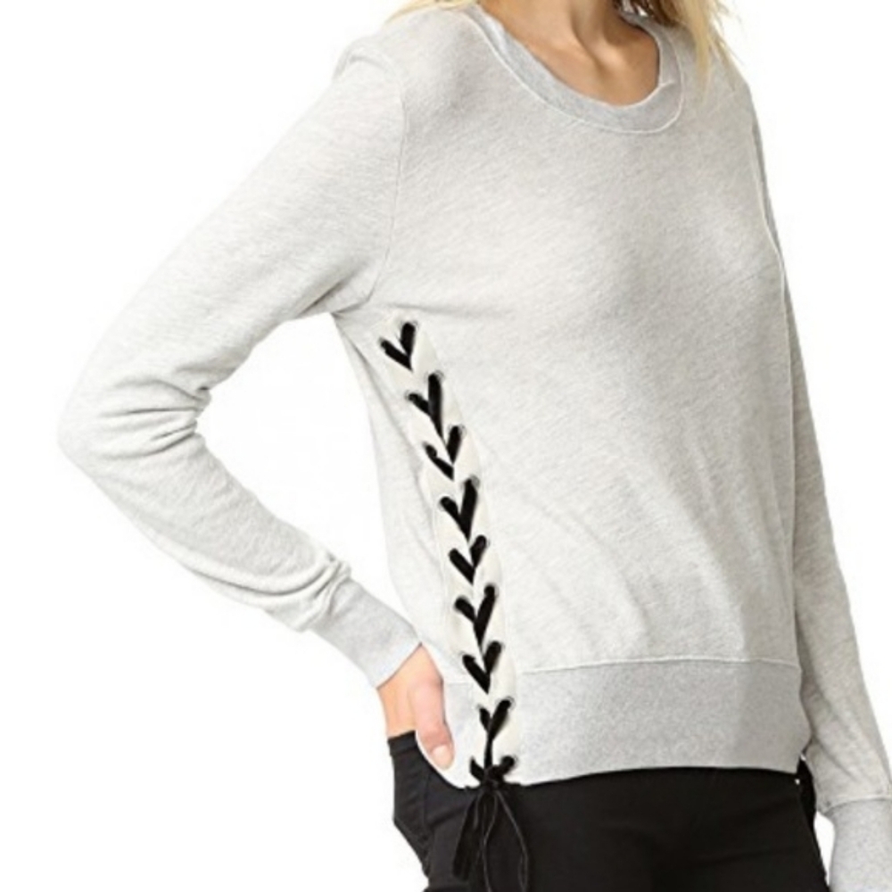 Pam & Gela Lace Up Sides Light Gray V-Neck Sweater - Picture 7 of 11